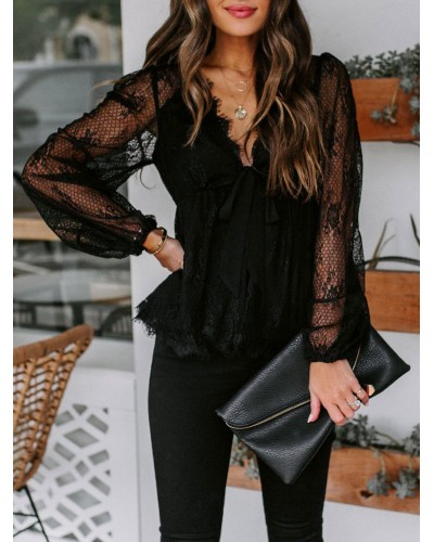 Shirt For Women Black Lace Up V-Neck Long Sleeves Lace Blouse Sexy Field Dating