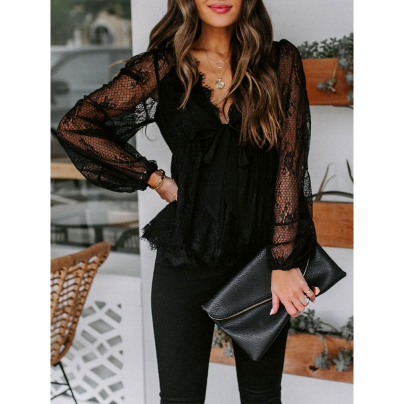 Shirt For Women Black Lace Up V-Neck Long Sleeves Lace Blouse Sexy Field Dating