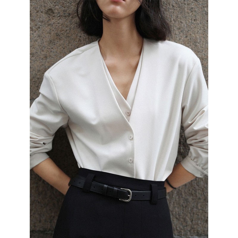 Blouse For Women V-Neck Pleated Buttons Long Sleeves Tops Casual Daily Casual Street Wear