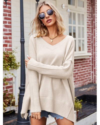 Women Pullovers Apricot V-Neck Long Sleeves Oversized Acrylic Sweaters Casual Street Wear Daily Casual