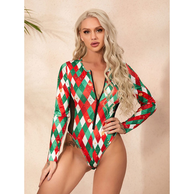 Women Long Sleeves Bodysuit Red Jewel Neck Plaid Top Sexy Winter