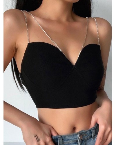 Women Sexy Tops Straps Neck Crop Top Sleeveless Chain Black Metal Details Top