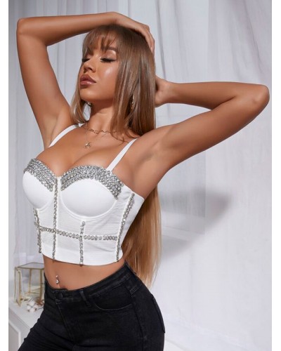 Bustiers White Backless Street Wear Sexy Rhinestones Lingerie Spring Summer Fall