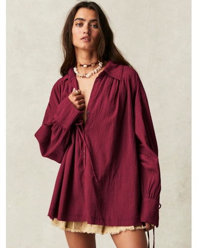 Blouse For Women Burgundy Turndown Collar Oversized Lace Up Buttons Long Sleeves Tops Casual Spring Fall