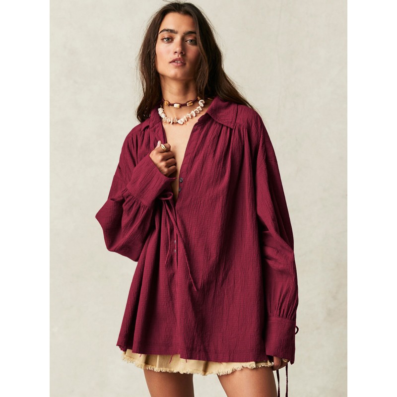 Blouse For Women Burgundy Turndown Collar Oversized Lace Up Buttons Long Sleeves Tops Casual Spring Fall