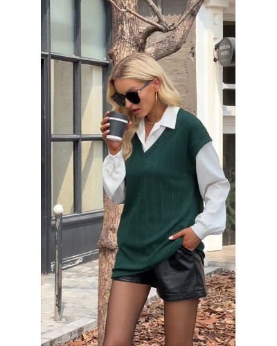 Blouse For Women Green V-Neck Fake Two-Piece Style Long Sleeves Tops Casual Street Wear Daily Casual