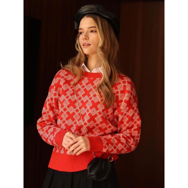 Women Pullovers Red Color Block Jewel Neck Long Sleeves Acrylic Sweaters Casual Spring Fall Winter