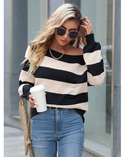 Pullovers For Women Black Stripes One-Shoulder Long Sleeves Acrylic Sweaters Casual Street Wear