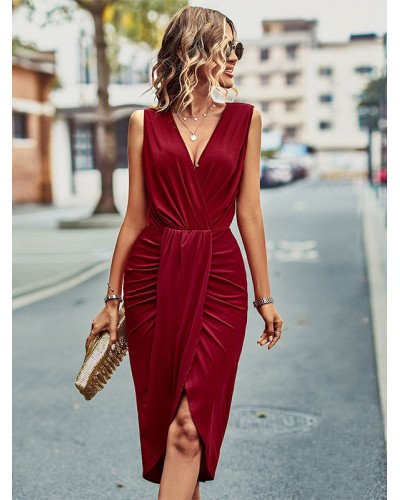 Women Spring Pleated V-Neck Sleeveless Midi Dress Sexy Summer