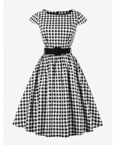 Black Vintage Plaid Gingham Dress Short Sleeve Sash Retro Summer Midi Dress Daily Casual