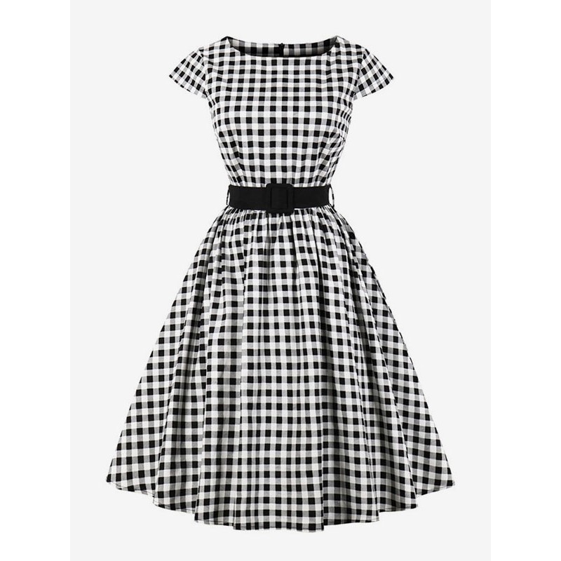 Black Vintage Plaid Gingham Dress Short Sleeve Sash Retro Summer Midi Dress Daily Casual