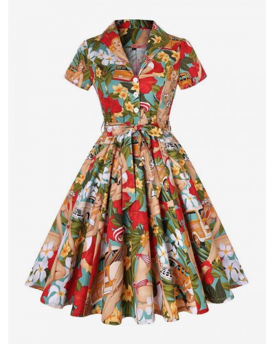 Dress 1950s Audrey Hepburn Style Red Floral Print Woman's Buttons Short Sleeves Turndown Collar Swing Dress Vintage Retro Summer