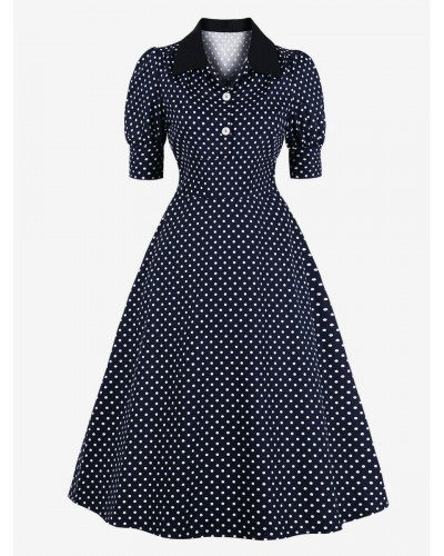 Vintage Dress 1950s Audrey Hepburn Style Dark Navy Polka Dot Half Sleeves Cotton Rockabilly Dress Bodycon Retro Summer