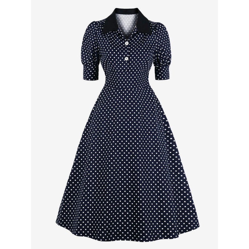 Vintage Dress 1950s Audrey Hepburn Style Dark Navy Polka Dot Half Sleeves Cotton Rockabilly Dress Bodycon Retro Summer