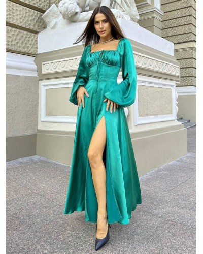 Women Party Dresses Burgundy Bateau Neck Pleated Long Sleeves High-slit Semi Formal Dress Elegant Chic  Modern Spring Summer Fall