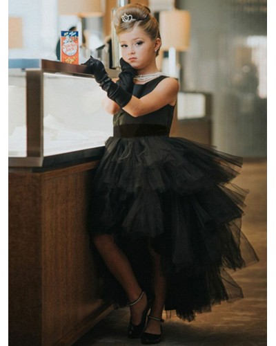 Black Flower Girl Dress Polyester Sash Jewel Neck Sleeveless Kids Birthday Party Dresses Wedding Rehearsal Dinner Cocktail Wedding Party