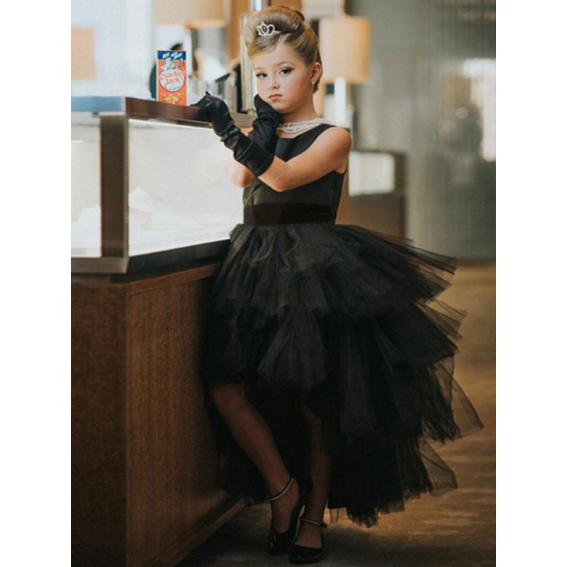 Black Flower Girl Dress Polyester Sash Jewel Neck Sleeveless Kids Birthday Party Dresses Wedding Rehearsal Dinner Cocktail Wedding Party