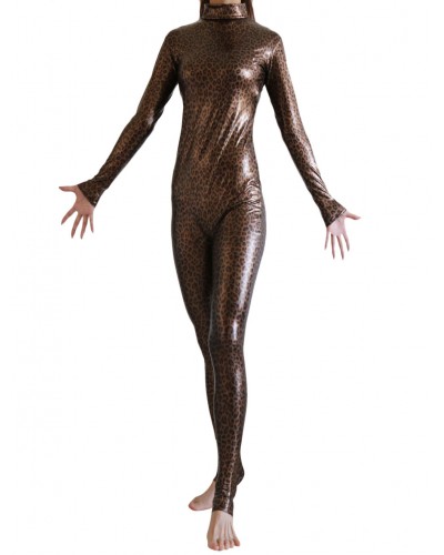 Women Dark Brown Leopard Print Bodysuit Shiny Metallic Catsuit For Leotard