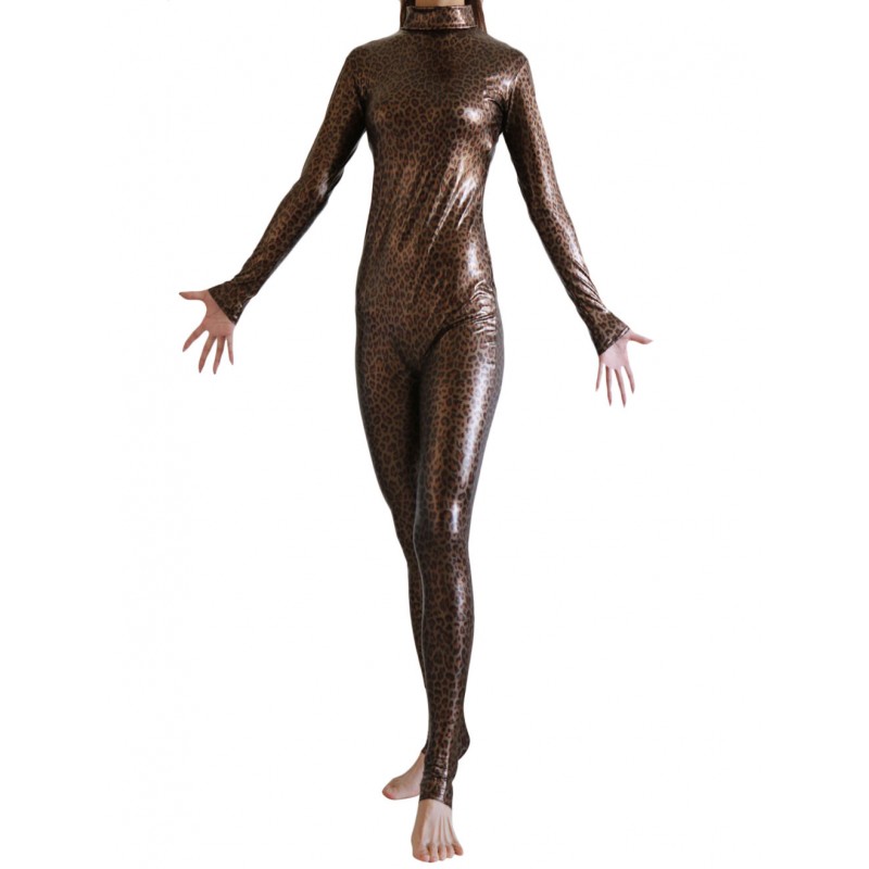 Women Dark Brown Leopard Print Bodysuit Shiny Metallic Catsuit For Leotard