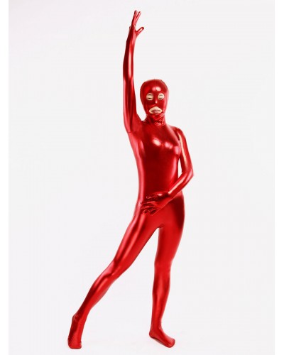 Unisex Halloween Red Shiny Metallic Catsuit With Mouth And Eyes Opened Solid