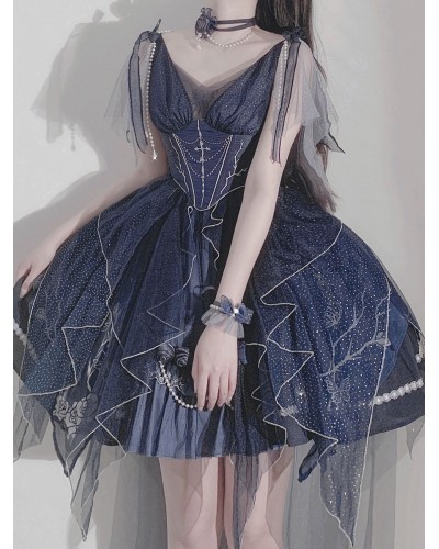 Lolita Dresses Tea Party Style Lolita Skirt Chains Sleeveless Polyester Lolita Wedding Dress Polka Dot Deep Blue