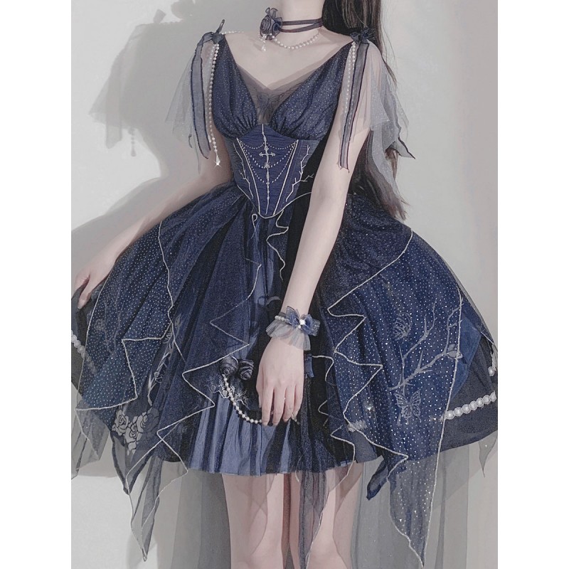 Lolita Dresses Tea Party Style Lolita Skirt Chains Sleeveless Polyester Lolita Wedding Dress Polka Dot Deep Blue