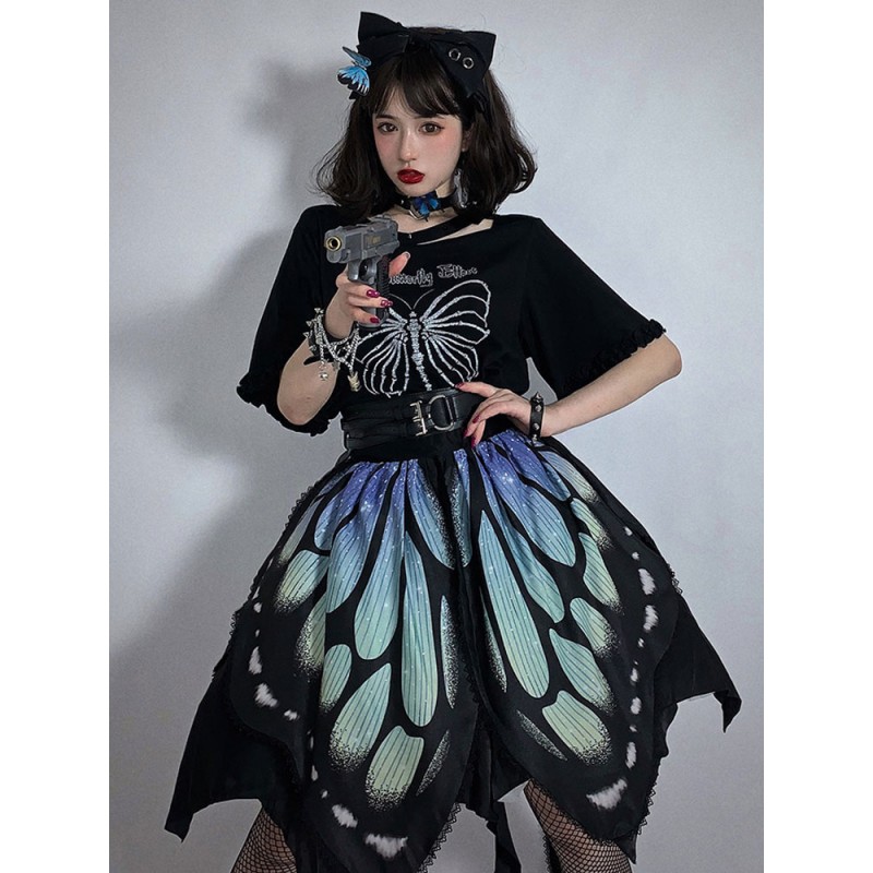 Lolita Butterfly 3-Piece Set SK Deep Blue Lolita Cummerbund Skirt Steampunk Gothic Spring Summer Fall