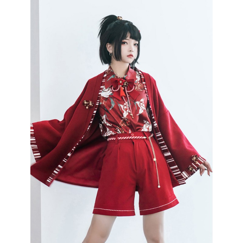 Lolita Red Long Sleeves Lolita Top Floral Print Lolita Shirt Blouses Kimono Daily Casual