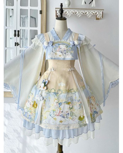 Lolita Outfits Baby Blue Jacquard Sleeveless Jumper Headwear Accessory Sets Sweet Daily Casual