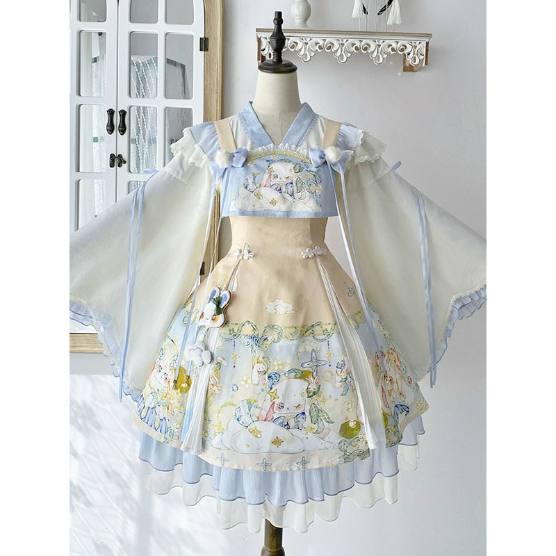 Lolita Outfits Baby Blue Jacquard Sleeveless Jumper Headwear Accessory Sets Sweet Daily Casual