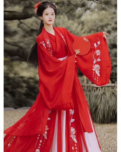 Chinese Style Lolita Outfits Red Floral Print Long Sleeves Overcoat Top Skirt Lolita Wedding Dress Chinese Style