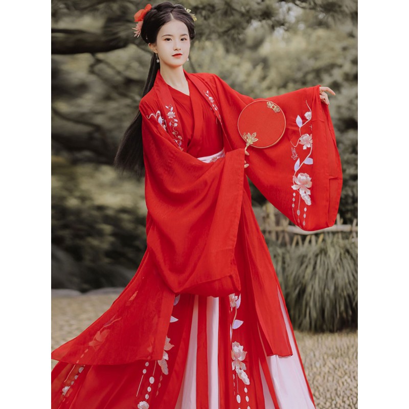 Chinese Style Lolita Outfits Red Floral Print Long Sleeves Overcoat Top Skirt Lolita Wedding Dress Chinese Style