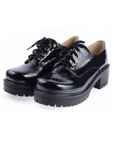 Black Lace-Up Round Toe Square Heel Patent Leather Lolita Shoes