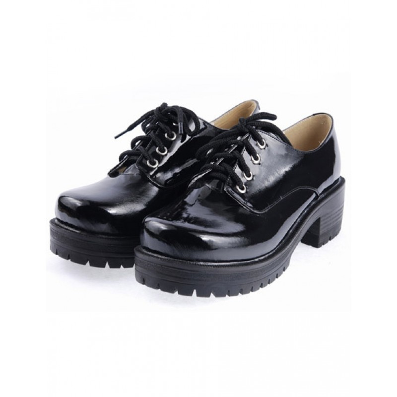 Black Lace-Up Round Toe Square Heel Patent Leather Lolita Shoes