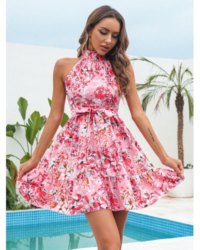 Women Mini Dresses Pink Floral Print Sleeveless Short Dress Bohemian Summer