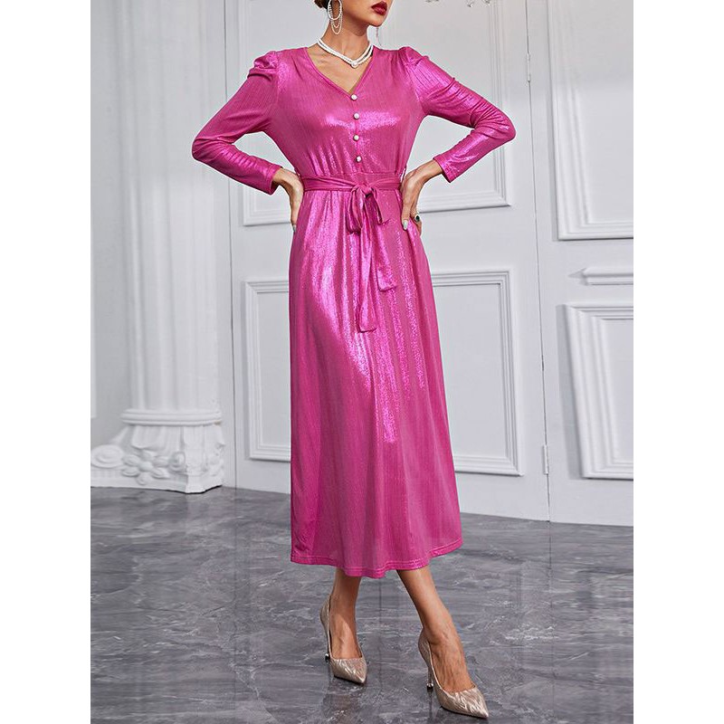 V-Neck Birthday Dress Long Sleeves Casual Oversized Floor Length Dress Maxi Daily Casual