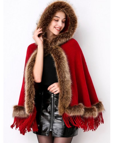 Women Christmas Poncho Hooded Fringe Cape Outerwear 2023 Classic  Traditional Casual Spring Fall Winter