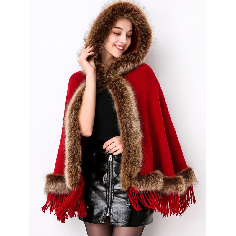 Women Christmas Poncho Hooded Fringe Cape Outerwear 2023 Classic  Traditional Casual Spring Fall Winter