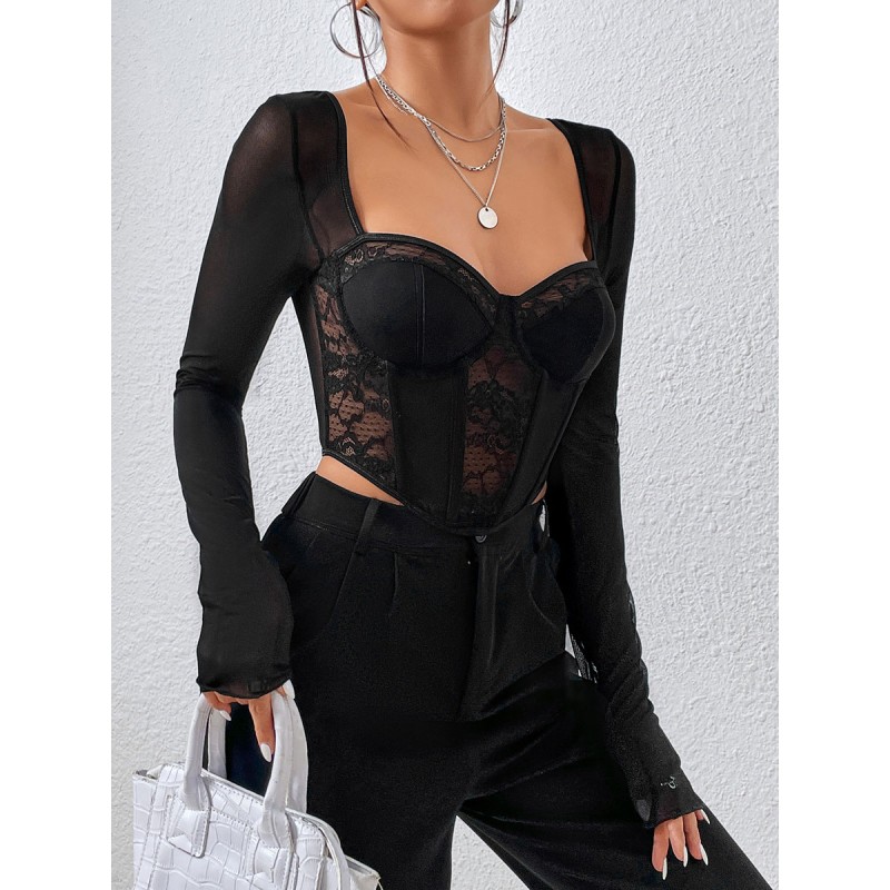 Women Crop Top Black Square Neck Lace Long Sleeves Tops Sexy Casual Night Out Indoor Dating