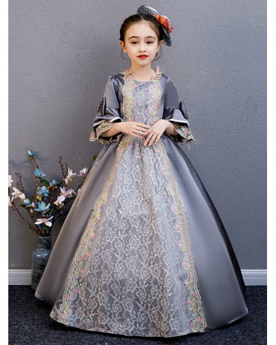 Polyester Fiber Tea Party Draped 3/4 Length Sleeves Polyester Summer Dress Floral Print Grey Kids' Lolita Dresses