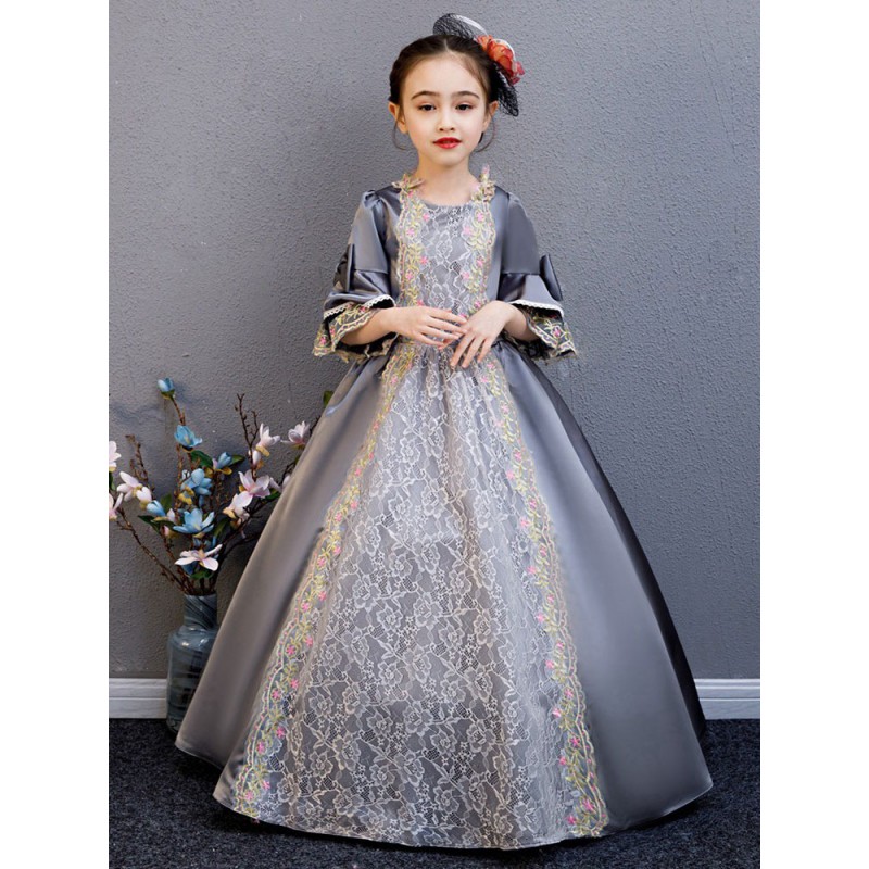 Polyester Fiber Tea Party Draped 3/4 Length Sleeves Polyester Summer Dress Floral Print Grey Kids' Lolita Dresses