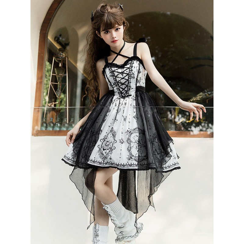 Gothic Lolita Dresses Lace Up Lace Floral Print Black Black