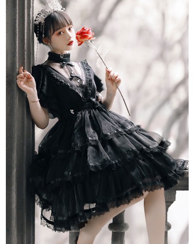 Sweet Lolita OP Dress Polyester Short Sleeves Ruffles Bows Lace White Lolita One Piece Dress