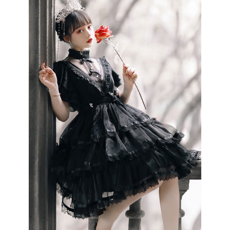 Sweet Lolita OP Dress Polyester Short Sleeves Ruffles Bows Lace White Lolita One Piece Dress