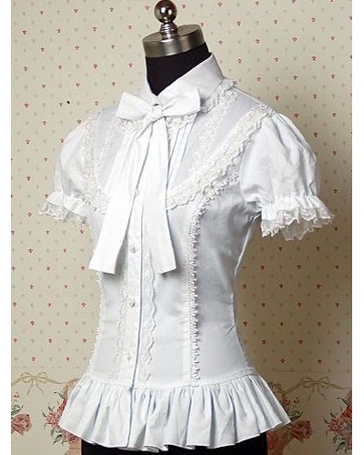 White Ruffles Bows Cotton Lolita Blouse For Women