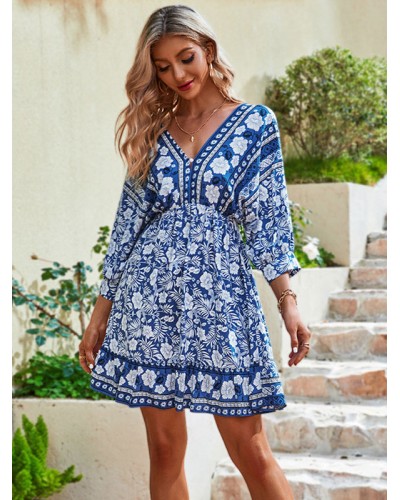 Women Skater Dresses V-Neck 3/4 Length Sleeves Printed Casual Flared Dress Bohemian Summer