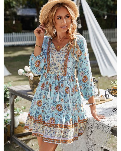 Women Boho Dress V-Neck Long Sleeves Printed Beach Dress Pastoral Style Spring