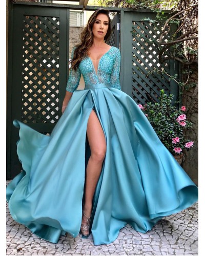 Birthday Party Dresses Light Sky Blue V-Neck Split Front 3/4 Length Sleeves Layered Semi Formal Dress Maxi Night Out