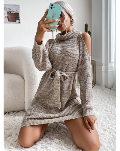 Women Knitted Dress Beautiful Lace Up High Collar Long Sleeves Stretch Midi Dress Sweater Fall Winter