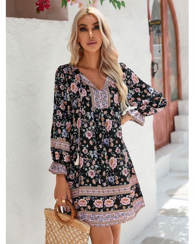 Women Boho Dress V-Neck Long Sleeves Floral Print Lace Up Beach Dress Bodycon Chic  Modern Bohemian Spring Summer Fall